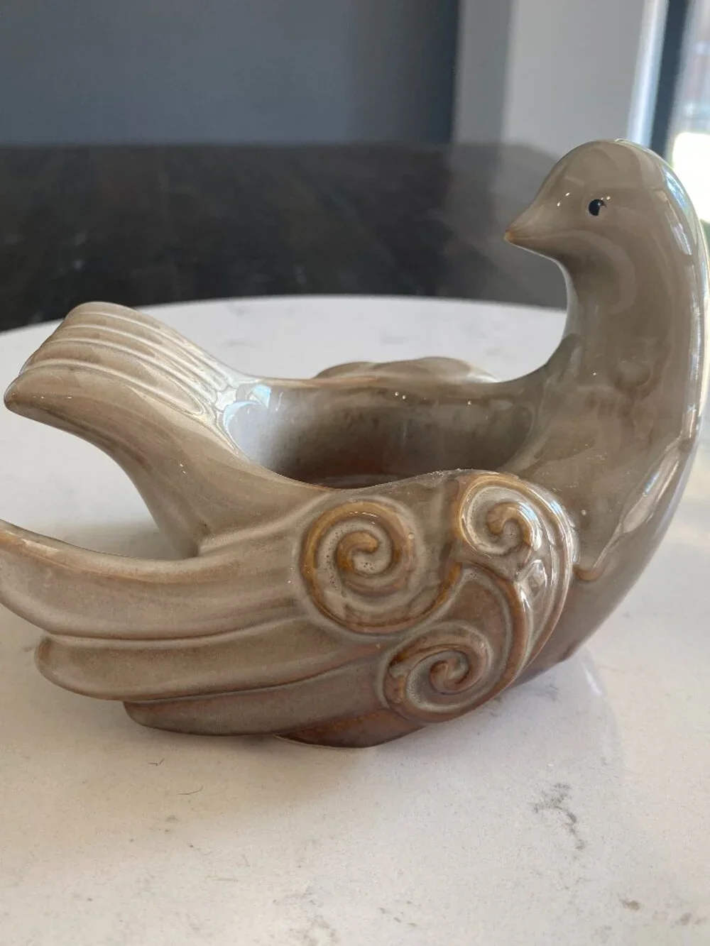 Vintage Ceramic Dove Bird Trinket Dish Candle Holder Drip Glaze Scroll Design